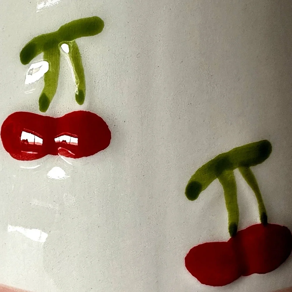 Cherry Ceramic Pitcher Pink White Milk Jug Cottagecore Coquette Kitchen Decor